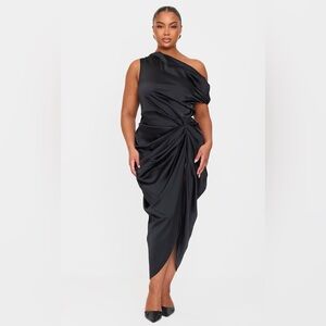 PrettyLittleThing Black Satin Off-the-Shoulder Dress